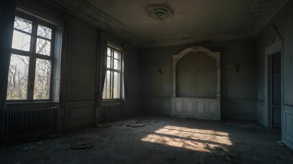 Fototapeta na wymiar Empty abandoned room with light shining from the window