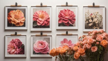 Pictures hanging on wall of flowers Generative AI