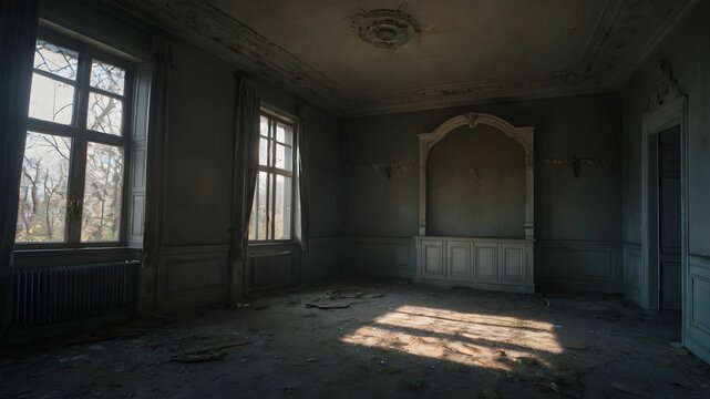 Empty abandoned room with light shining from the window