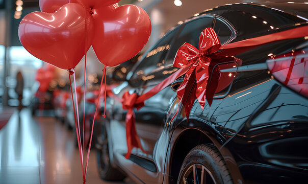Red heart-shaped balloons and a black car in the background. gift car