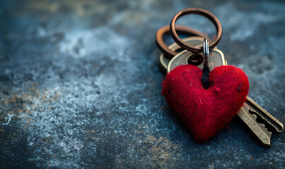 Fototapeta premium Key in the shape of a heart with a keychain on a wooden background