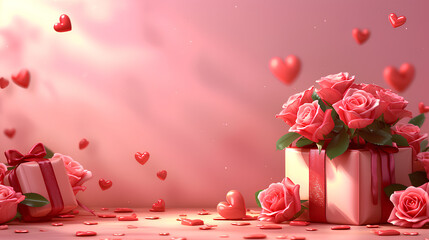 red roses and gift box with pink background, valentine day