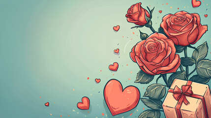 romantic illustration background, red roses and petals with gifts and hearts, Valentine's Day card

