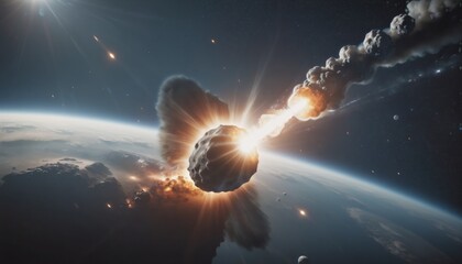 Large rock or asteroid passes through the atmosphere of planet Earth and pieces hit the Earth's surface - ai generated - obrazy, fototapety, plakaty