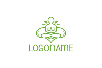 A logo design of a person meditating made from lines and green leaves. 