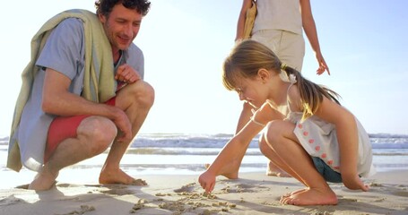 Girl, family or drawing in sand at sea for game, fun or playing on vacation in nature in summer. Happy child, parents or kid writing on ground at beach on outdoor holiday with mom, dad or freedom - Powered by Adobe