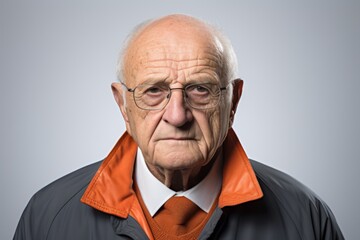 Portrait of an old man with glasses and a jacket over grey background.
