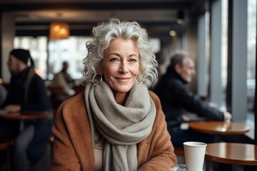 Portrait of smiling senior woman sitting in cafe and looking at camera.