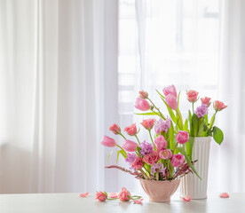 spring pink flowers  on background window