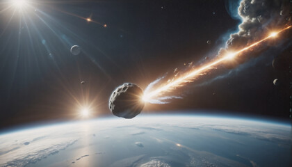 Large rock or asteroid passes through the atmosphere of planet Earth and pieces hit the Earth's surface - ai generated