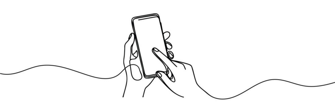 Continuous one line drawing In his hand phone smartphone.