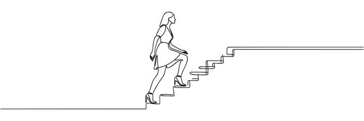 business and education concept. Woman climbing stairs continuous one line drawing. - obrazy, fototapety, plakaty