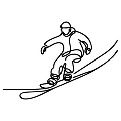 Continuous one line drawing of a snowboarder riding on a mountain