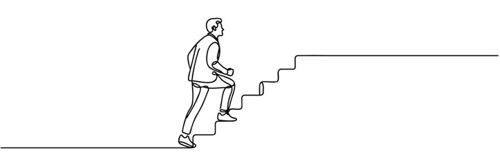 Continuous single line drawing. Businessman climbs the stairs to the goal