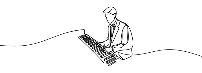 one continuous line drawing of a pianist playing a classic grand piano.