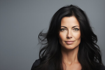 Naklejka premium beautiful dark-haired girl with green eyes on a gray background