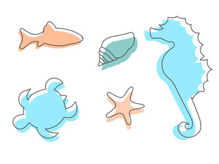 Colorful simple marine animals icons in line art style. Seahorse, starfish, turtle, fish and shells