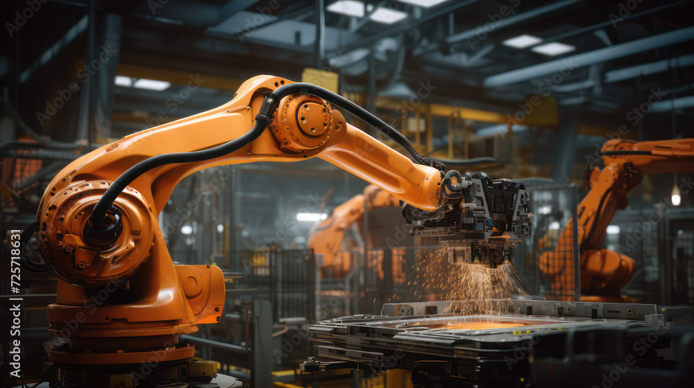Poster robotic arm automation in a bustling car factory with advanced machinery.