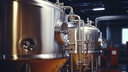 Fototapeta na wymiar Interior of brewery, large steel storage tanks for brewing beer.