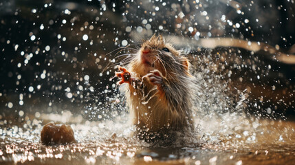A whimsical scene of a rodent in the midst of a dynamic water splash, capturing a moment of playfulness and surprise