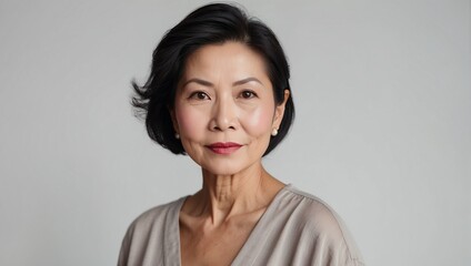 Portrait of a middle-aged asian woman with gray hair. Beautiful smile. The concept of natural beauty and beautiful aging. Light background. 