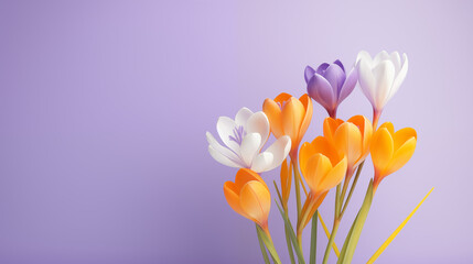 Kwiatowe fioletowe minimalistyczne tło z krokusami na życzenia z okazji Dnia Kobiet, Dnia Matki, Dnia Babci, Urodzin czy pierwszego dnia wiosny. Szablon na baner lub mockup. - obrazy, fototapety, plakaty