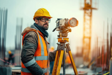 Surveyor builder Engineer with theodolite transit equipment at construction site outdoors during surveying work. - obrazy, fototapety, plakaty