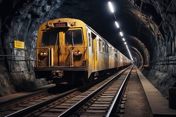 Fototapeta premium Subway train navigating through an underground tunnel.