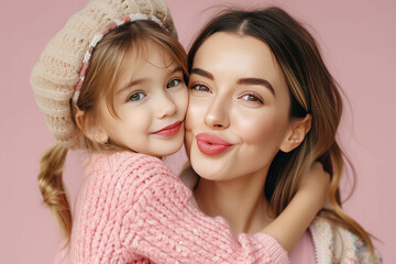 Happy fun adorable lovely woman wearing casual clothes with child kid girl 6-7 years old. Daughter kissing mother cheek, look aside isolated on plain pastel pink background. Family parent day concept. - obrazy, fototapety, plakaty