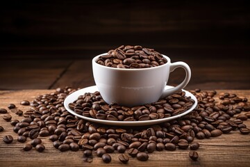 Fototapeta premium A white coffee cup full of coffee beans spilling out on a wood background