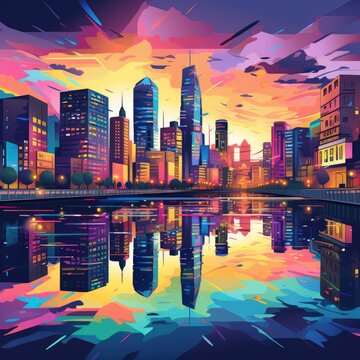 At twilight, the cityscape comes alive with colorful reflections on the river's surface © crazyass