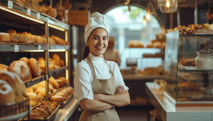 baker at the bakery stand, in the style of feminine empowerment - obrazy, fototapety, plakaty