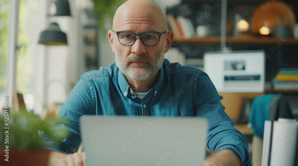 Poster a man sitting at a table with a laptop. suitable for business, technology, and remote work concepts