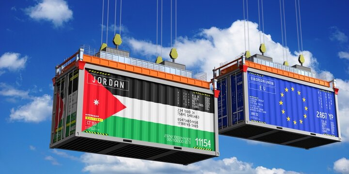 Shipping containers with flags of Jordan and European Union - 3D illustration