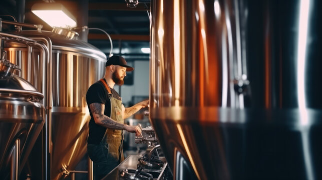 Bearded brewery master holding glass of beer and evaluating its visual characteristics. Small family business, production of craft beer. - Powered by Adobe