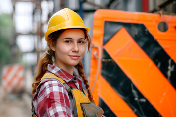 Obraz na płótnie Canvas attractive female construction worker, standing with construction sign in frame, female choir styl