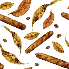 cigars, tobacco leaves and coffee beans. drawn in watercolors, for cards, posters, clipart