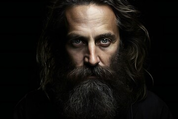 Close-up portrait of a man with a long beard and mustache and wet hair on a black background studio - obrazy, fototapety, plakaty