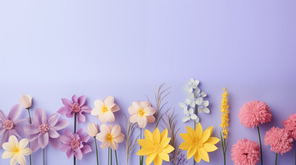 Fioletowe minimalistyczne tło na życzenia z okazji Dnia Kobiet, Dnia Matki, Dnia Babci, Urodzin czy pierwszego dnia wiosny. Szablon na baner lub mockup. - obrazy, fototapety, plakaty