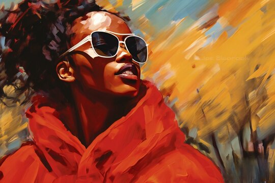 Portrait of a black woman in a red raincoat and sunglasses