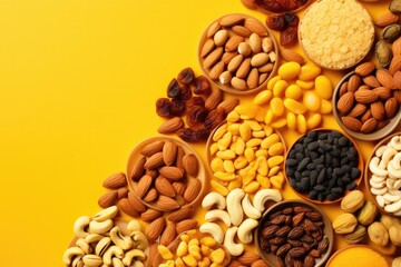Mix of different types of nuts and dried fruit, healthy food concept. Generative Ai.