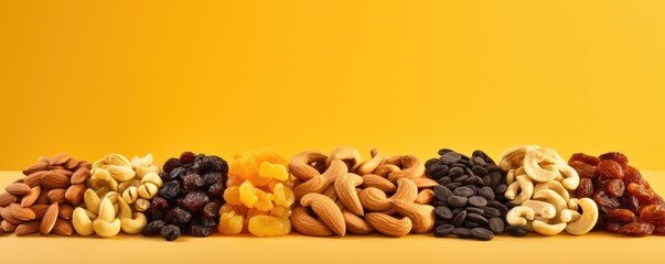 Mix of different types of nuts and dried fruit, healthy food panorama. Generative Ai.