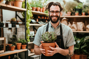 smiling florist holding a potted plant