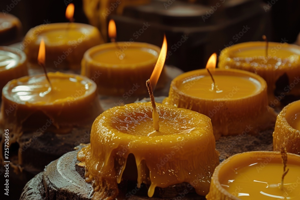 Poster a bunch of candles sitting on a table. perfect for creating a cozy and romantic atmosphere