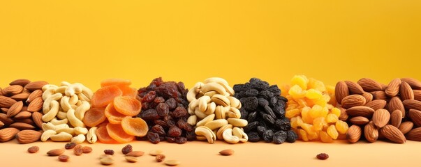 Mix of different types of nuts and dried fruit, healthy food panorama. Generative Ai.