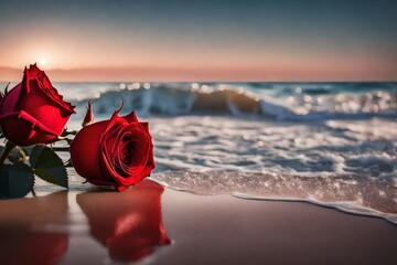 Waves with a red rose on the beach - obrazy, fototapety, plakaty