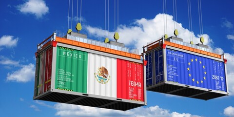 Shipping containers with flags of Mexico and European Union - 3D illustration - obrazy, fototapety, plakaty