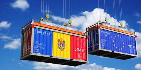 Shipping containers with flags of Moldova and European Union - 3D illustration