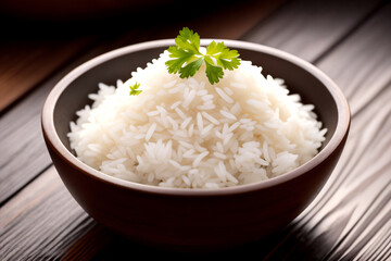 Rice in a wooden bowl with parsley leaf