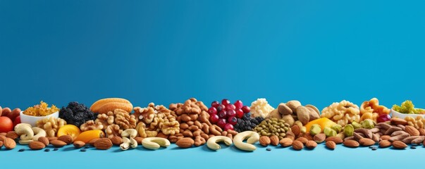 Mix of different types of nuts and dried fruit, healthy food panorama. Generative Ai. - obrazy, fototapety, plakaty